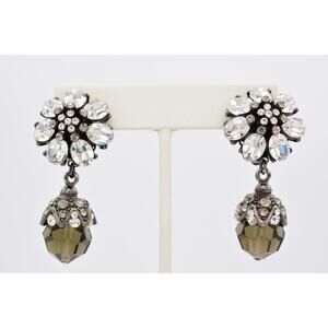 Barrera Vintage Crystal Clip On Earrings Rhinestone Gunmetal Signed 1980s BinAO